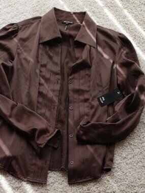 Cassini Long Sleeve Brown Button Down Blouse (Brand New)